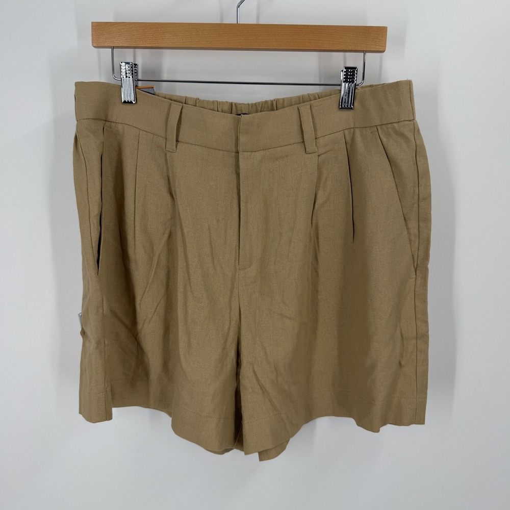 Express Linen Short Women 12 Tan High Rise Pleated Elastic Back EX012974